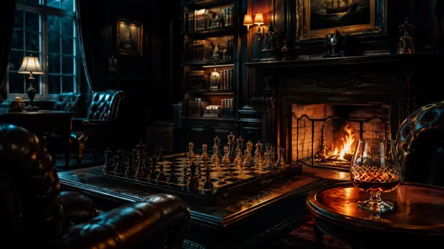 Tablero de ajedrez y whisky junto a chimenea ardiente
