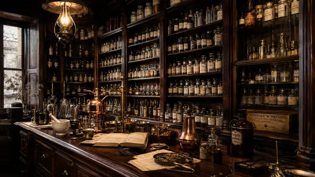Interior farmacia antigua con estantes de frascos