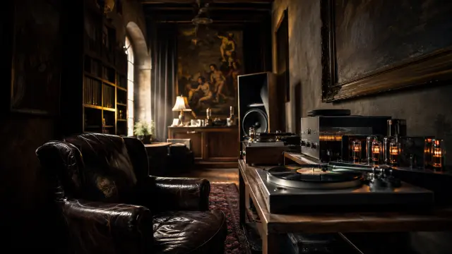 Interior elegante con butaca de cuero y sistema de vinilos