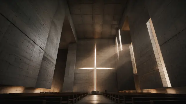 Interior de iglesia de hormigón con luz en cruz