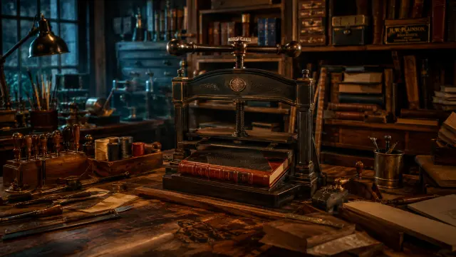 Mesa de taller de encuadernación antigua con libros