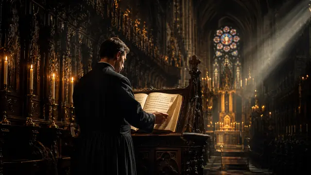 Sacerdote leyendo en capilla gótica con luz
