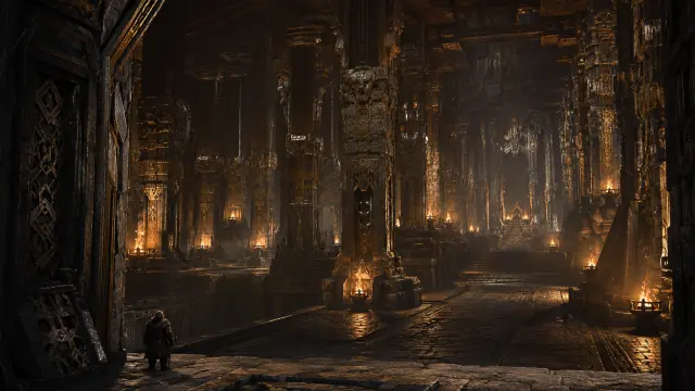 Interior de templo antiguo con guerrero y columnas