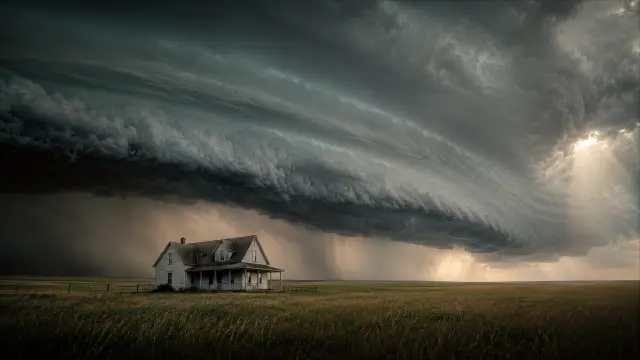 Casa solitaria bajo tormenta imponente con rayos