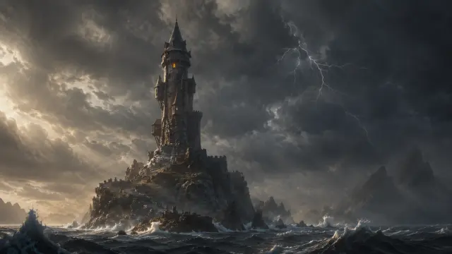 Castillo en isla rocosa bajo tormenta eléctrica
