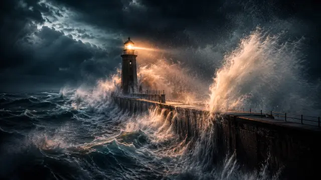 Faro en muelle durante tormenta marina oscura