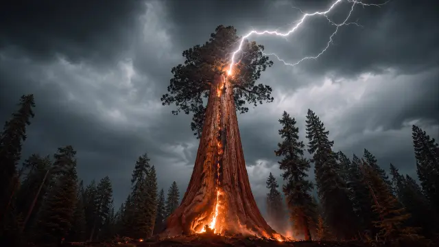 Gran árbol con rayos en bosque tormentoso
