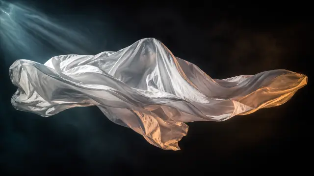 Lienzo blanco flotante iluminado por rayos de luz dramática