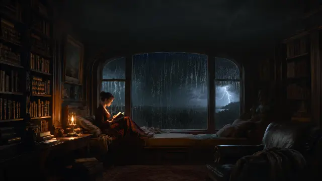 Mujer leyendo en biblioteca oscura con tormenta