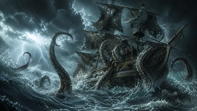 Polaris en tormenta con pulpo y navío en el mar