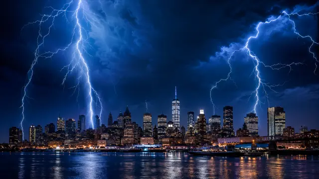 Rayos en la ciudad de Nueva York al anochecer