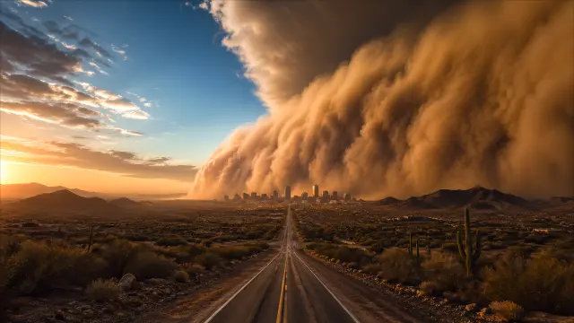 Inmensa tormenta de polvo cubre la ciudad al atardecer