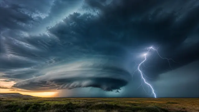 Tormenta eléctrica con rayos sobre campo al atardecer