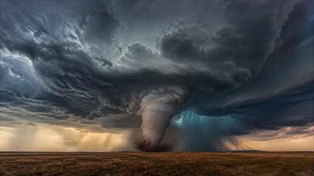 Tornado masivo sobre campo abierto al atardecer