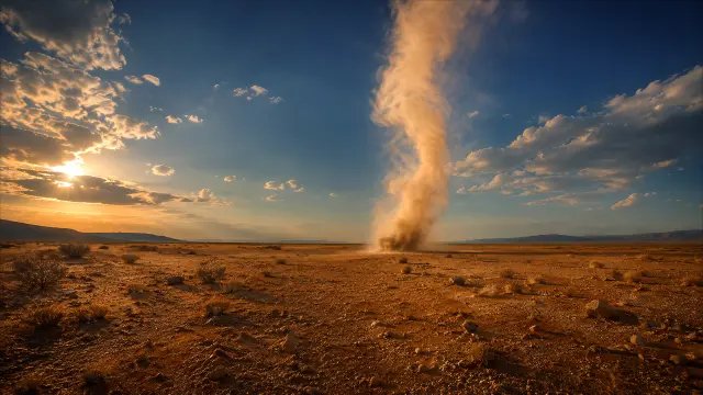 Tornado de polvo en el desierto al atardecer