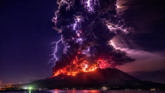 Volcán en erupción con rayos y cielo nocturno