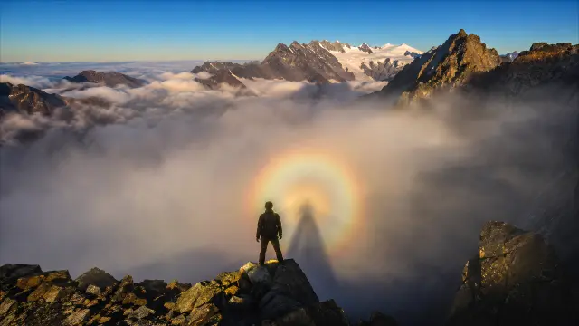 Alpinista contempla un halo solar sobre nubes y montañas