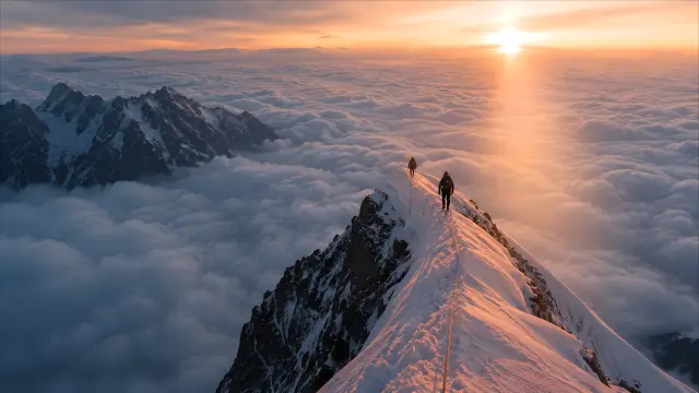 Alpinistas en cumbre nevada al atardecer