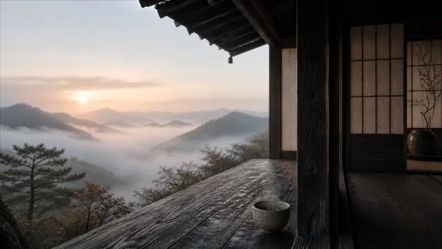 Atardecer en montaña con cabaña de madera y taza