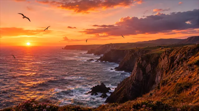 Paisaje costero atardecer sol y gaviotas