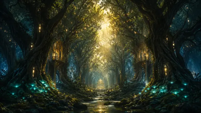 Bosque mágico con luces y arboleda brillante
