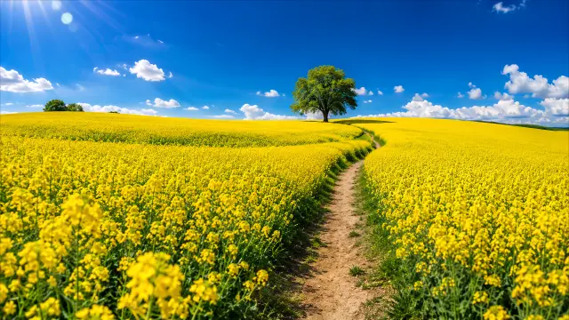 Camino por campo de flores amarillas bajo cielo azul