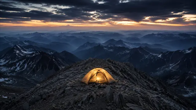 Carpa iluminada en cima de montaña al atardecer