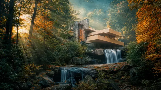 Casa en cascada rodeada de bosque otoñal