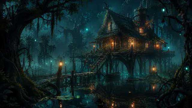 Casa en el pantano iluminada en la noche