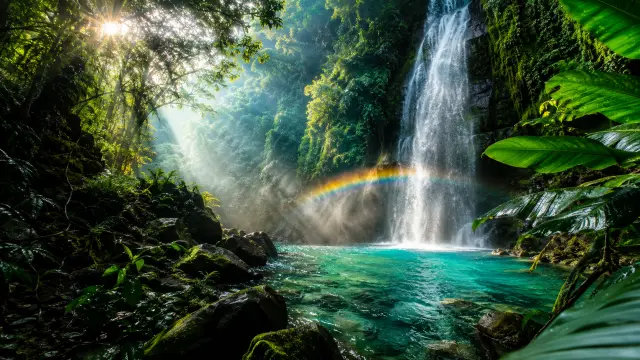 Cascada tropical con arco iris en la selva