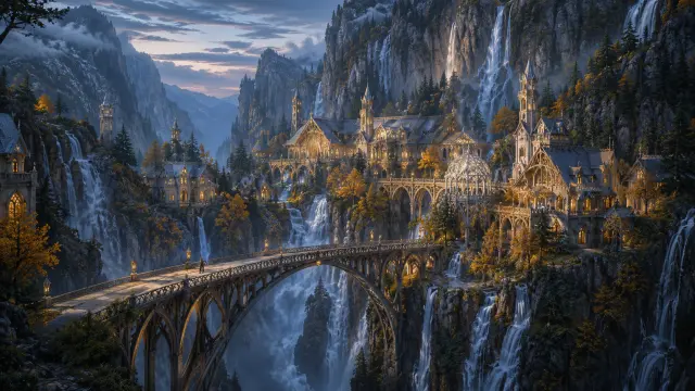 Castillo medieval en montanas con cascadas y puente