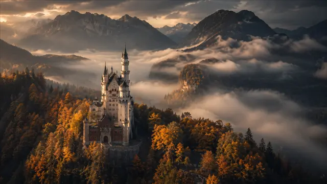 Castillo de Neuschwanstein en las montañas con niebla