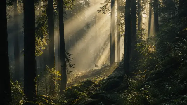 Cerbato en el bosque iluminado por rayos de sol