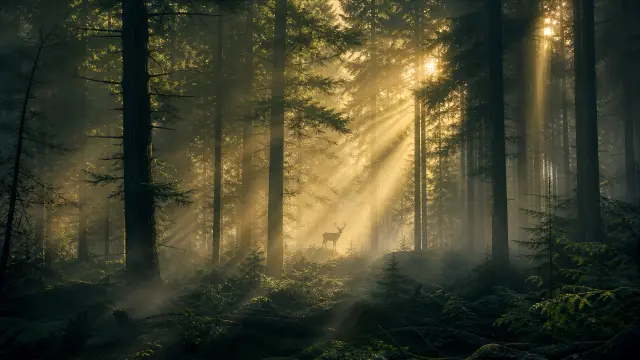 Ciervo en bosque místico con rayos de sol dorados