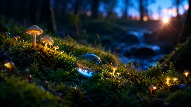Hongo brillante y esfera azul en bosque mágico