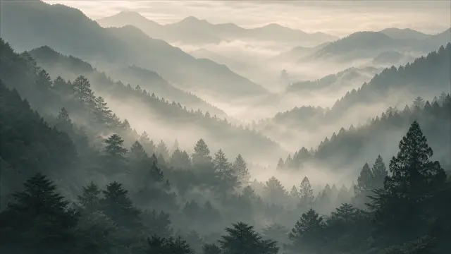 Montañas boscosas con niebla y pagoda