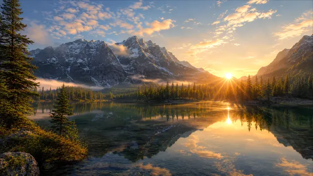 Paisaje de montaña y lago al atardecer