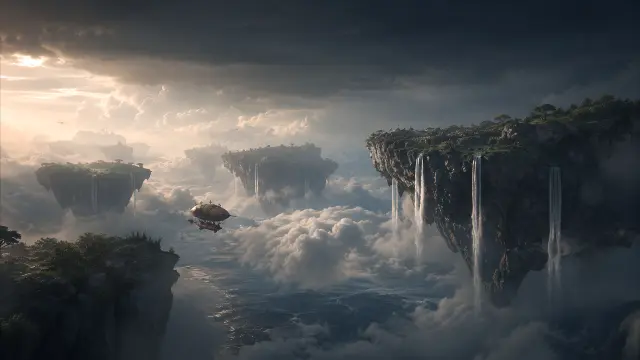 Naves voladoras entre islas flotantes y cascadas
