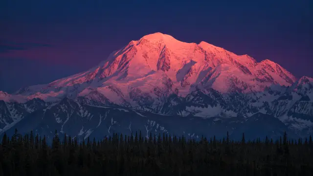 Pico nevado iluminado al atardecer con bosque