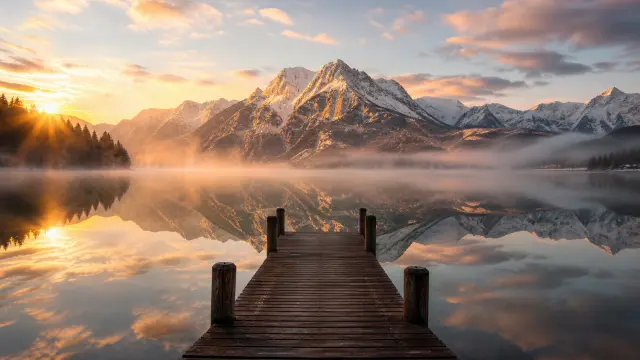 Pier de madera en lago con montanas nevadas al atardecer