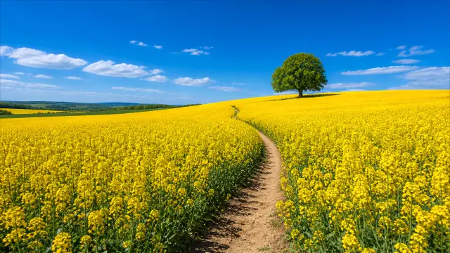Sendero en campo amarillo con arbol solitario bajo cielo azul