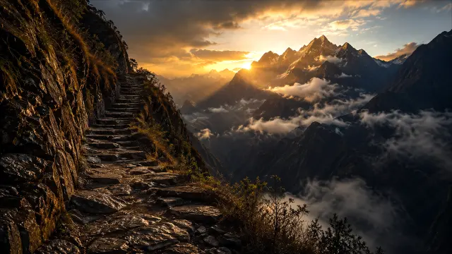 Sendero de piedra en montañas al atardecer