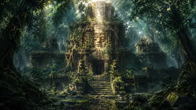 Templo antiguo en selva tropical con rayos de sol