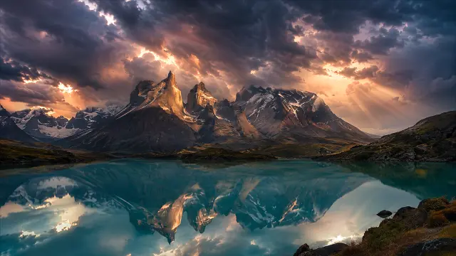 Tormenta dramática sobre montañas reflejadas en lago