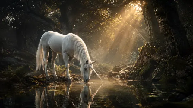 Unicornio blanco bebiendo en arroyo forestal