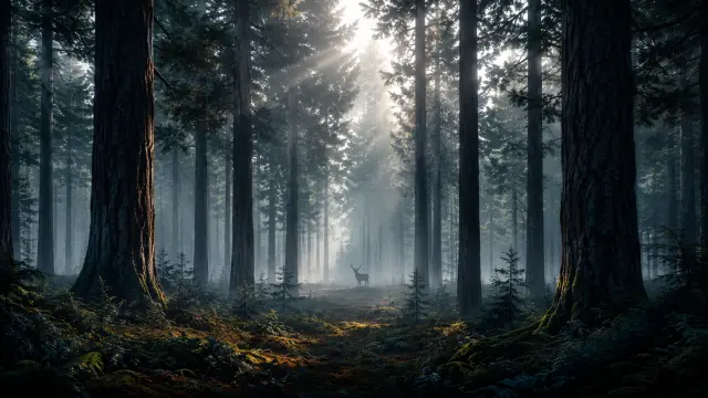 Vaca en bosque místico con rayos de sol