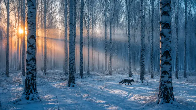 Zorro en bosque helado con atardecer soleado