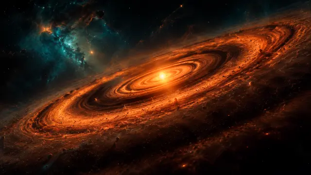 Disco protoplanetario y nebulosa azul en el espacio
