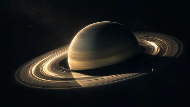 Planeta anillado dorado en el espacio profundo