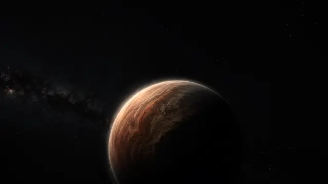Planeta rojo con atmósfera y galaxia de fondo